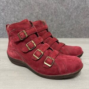 Bionica Orion Ruby Red Nubuck Leather Ankle Boots Womens 11 Multi Strap Buckle